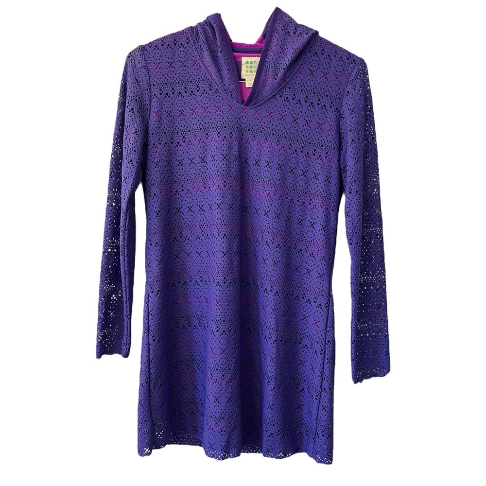 Title Nine Laser Cut Tunic Swim Beach Cover Up Hooded Dress Stripes Small